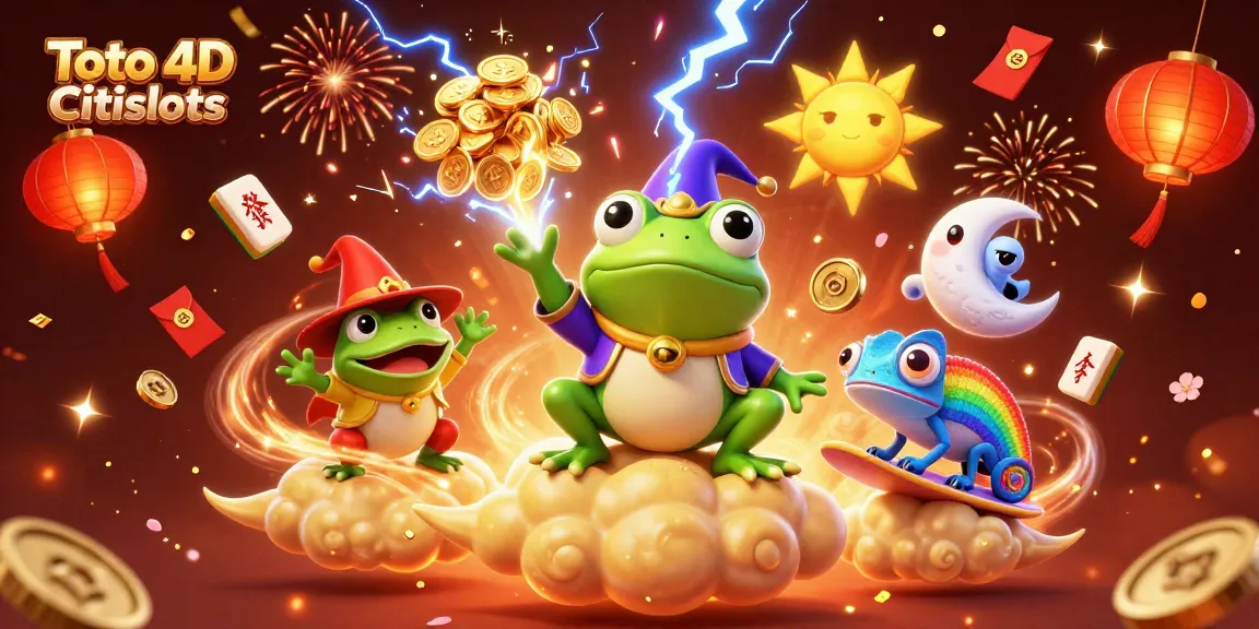 Toto Togel 4D Citislots brings excitement with magical frogs and vibrant chameleons under a golden storm.