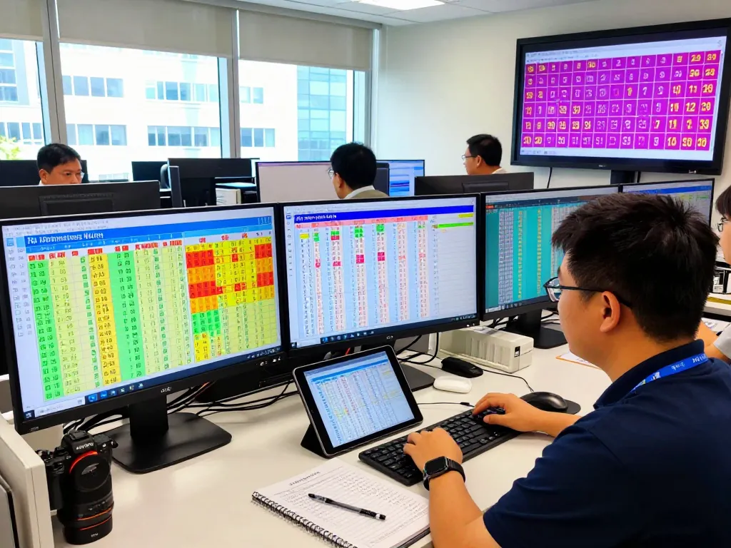 Dynamic digital office scene focused on Data HK analysis with staff reviewing lottery outcomes and updates.
