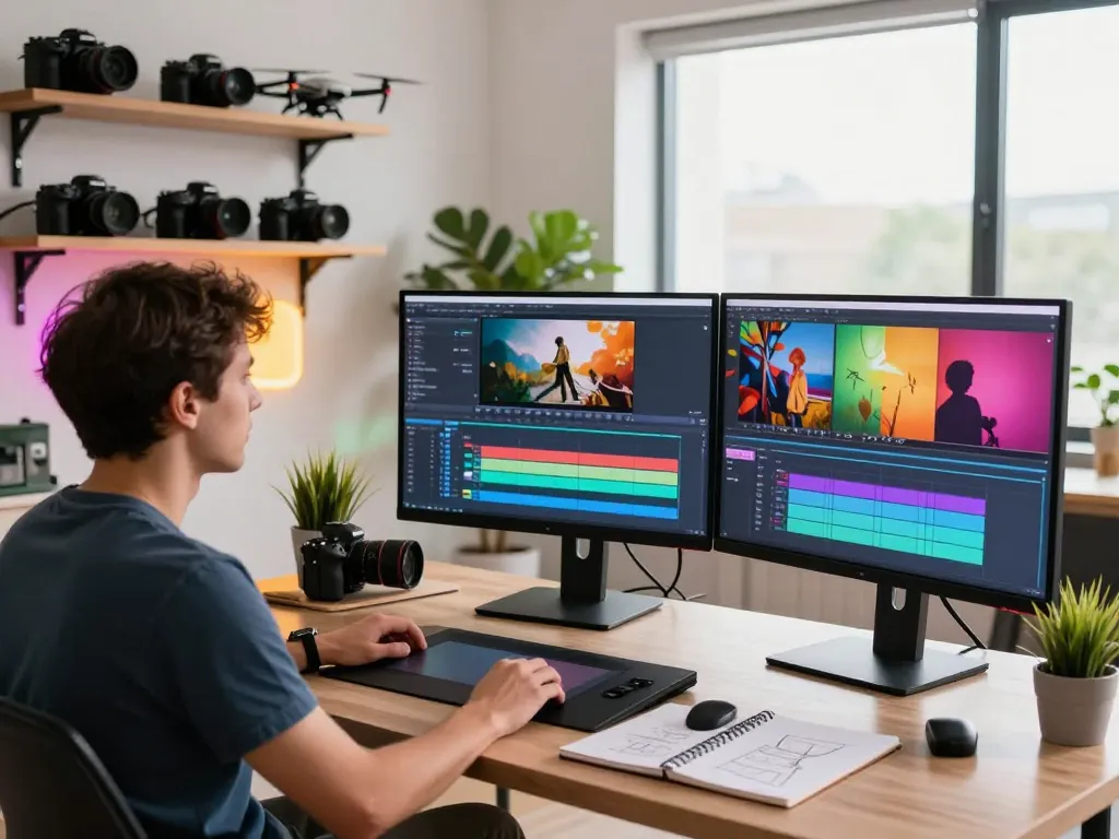 Video to prompt ai in a modern production studio with professionals analyzing clips and creating prompts.