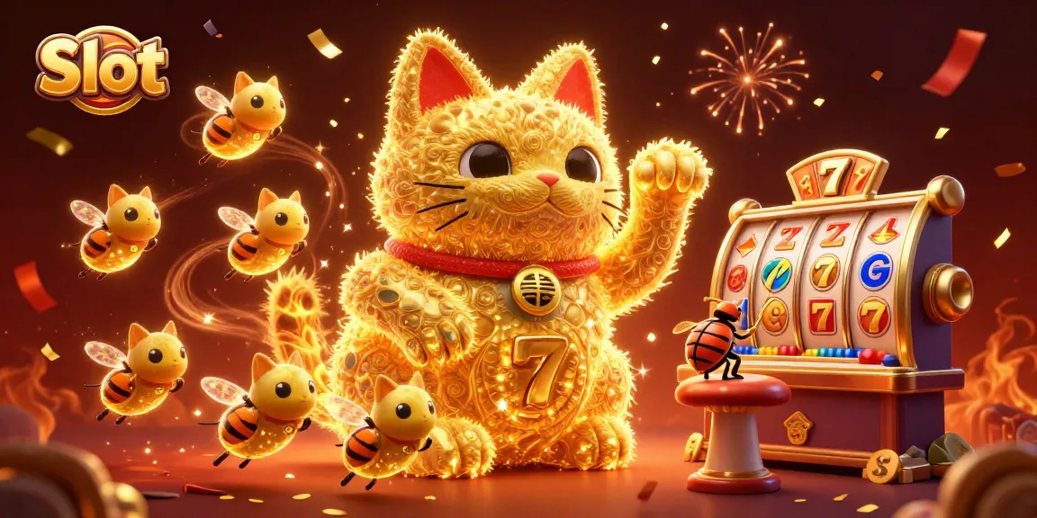 Spin exciting slot games with a golden lucky cat and vibrant casino symbols.