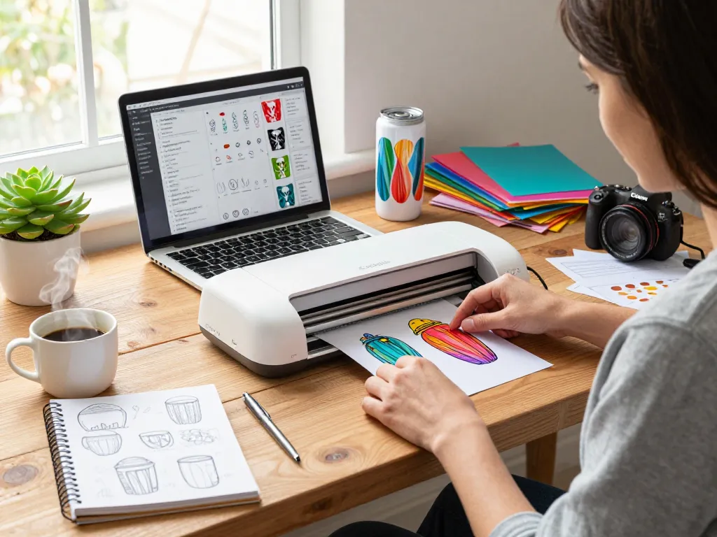 Vibrant crafting workspace with SVG bundle designs for tumblers.