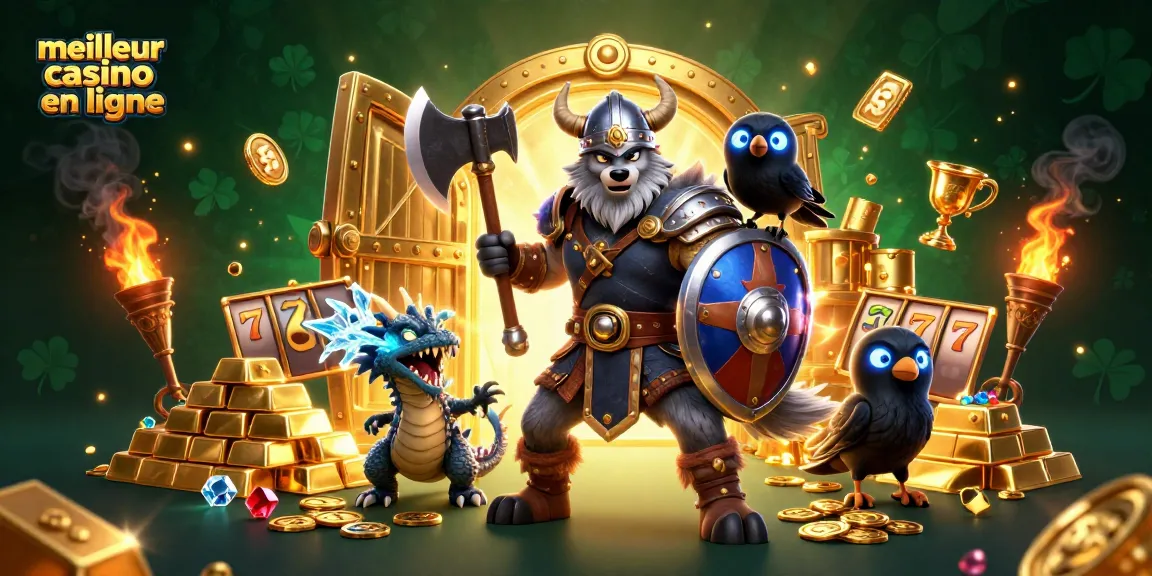 Illustration dynamique du meilleur casino en ligne avec un Viking loup, un dragon et des éléments de jeu.