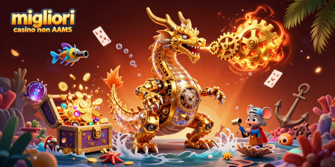 Migliori casino non AAMS: esplora il mondo dei giochi d'azzardo mediante un drago biomeccanico d'oro immerso in un'atmosfera vibrante