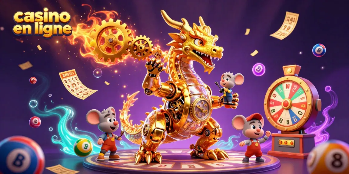 Jouez sur un casino en ligne dynamique avec un dragon doré mécanique et des éléments de loterie colorés.