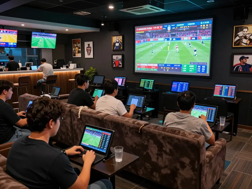 Engaging in sports betting with Bongdalu platform, featuring vibrant lounge scene.