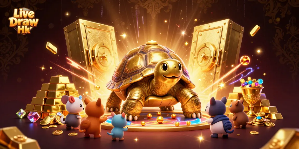Engage with Live Draw Hk as a giant golden tortoise showcases real-time winning results and excitement.