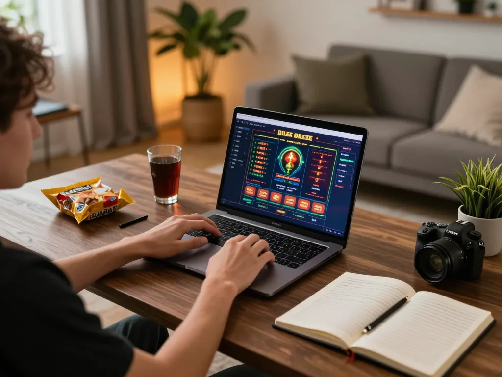 Engaging in online gambling gameplay with 包网 interface on laptop in a cozy home office atmosphere.
