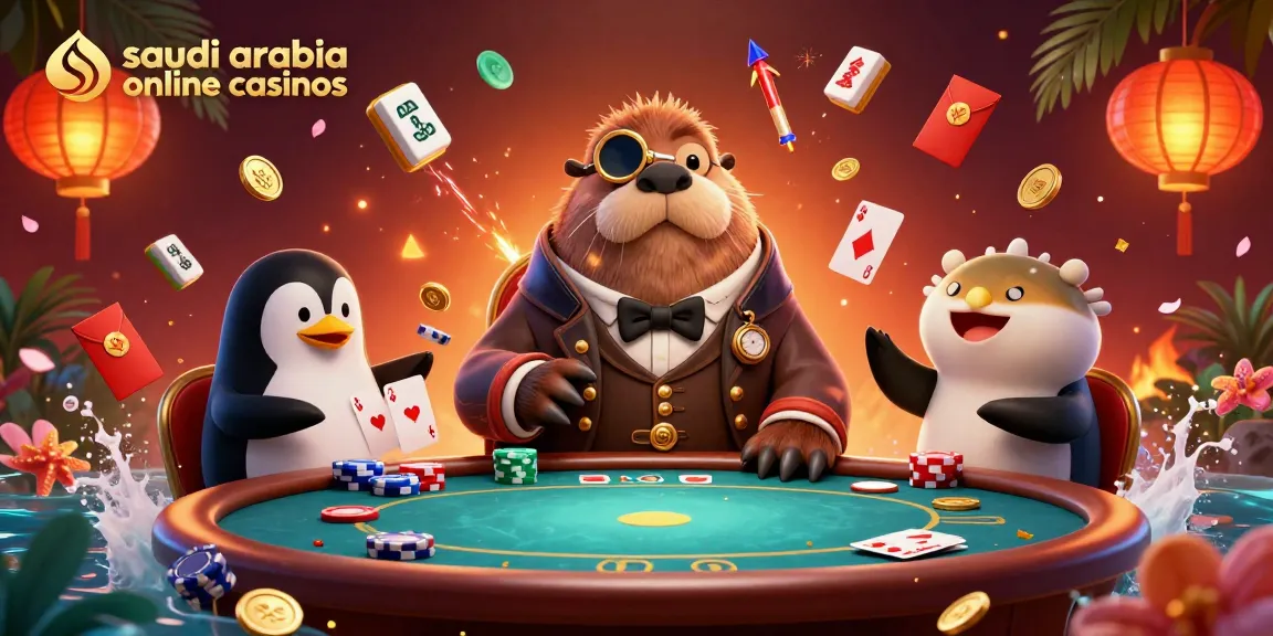 Experience thrill at saudi arabia online casinos with a 3D illustration of a poker game scene featuring captivating characters and rich decorations.