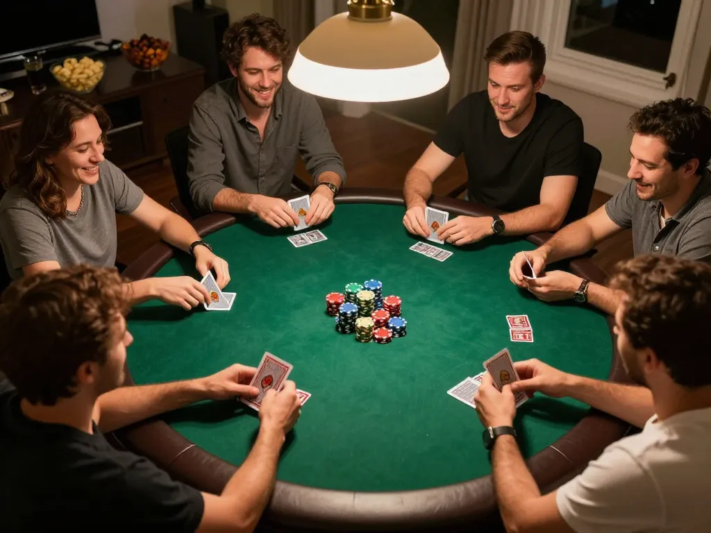 Players enjoying an intense poker game at home, showcasing strategic moments with Jun88 com cards and chips