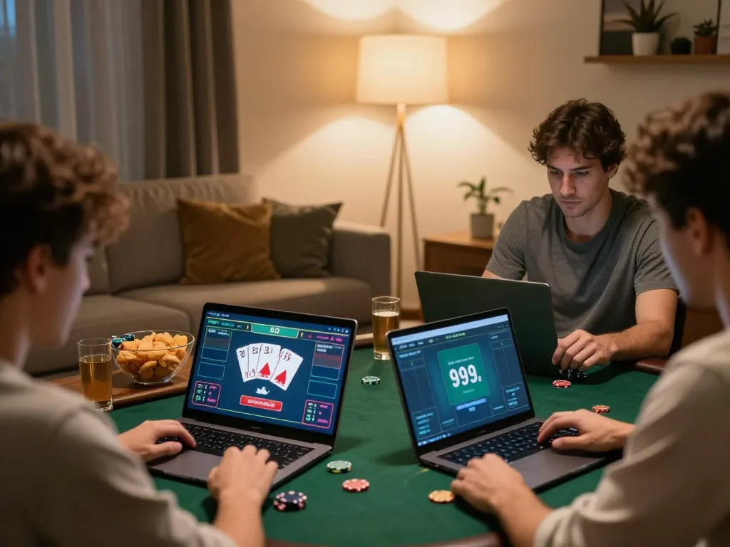 king garuda138 players strategizing during an online poker game in a cozy living room