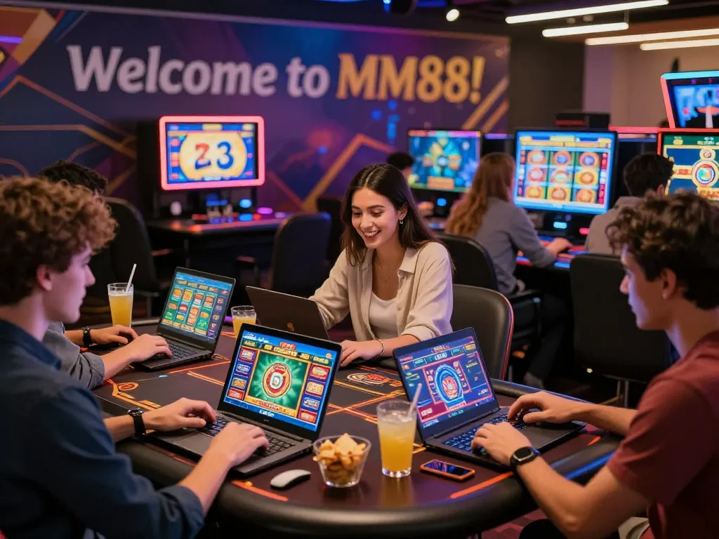 Friends enjoying online gaming at MM88 casino, engaging with vibrant game interfaces and drinks.