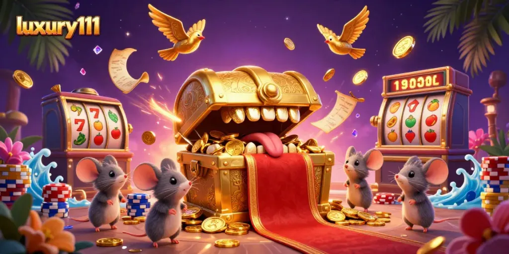 Permainan slot menanti di luxury111 dengan harta karun emas dan simbol keberuntungan.