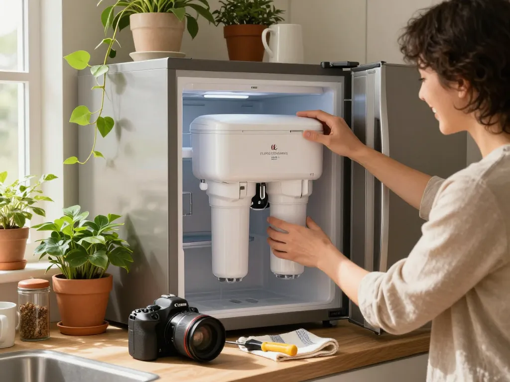 Installing Filterlogic FL-RF13 Replacement for GE® MWF® in a bright kitchen, showcasing home improvement.