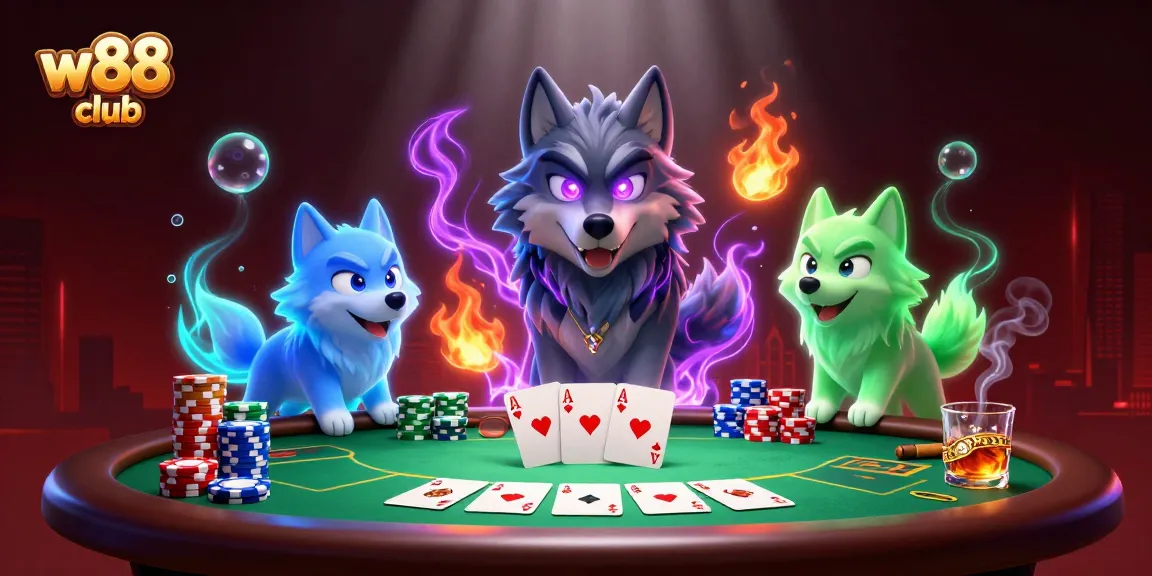 Chơi game tại w88 club với các linh vật và bàn poker ấn tượng.