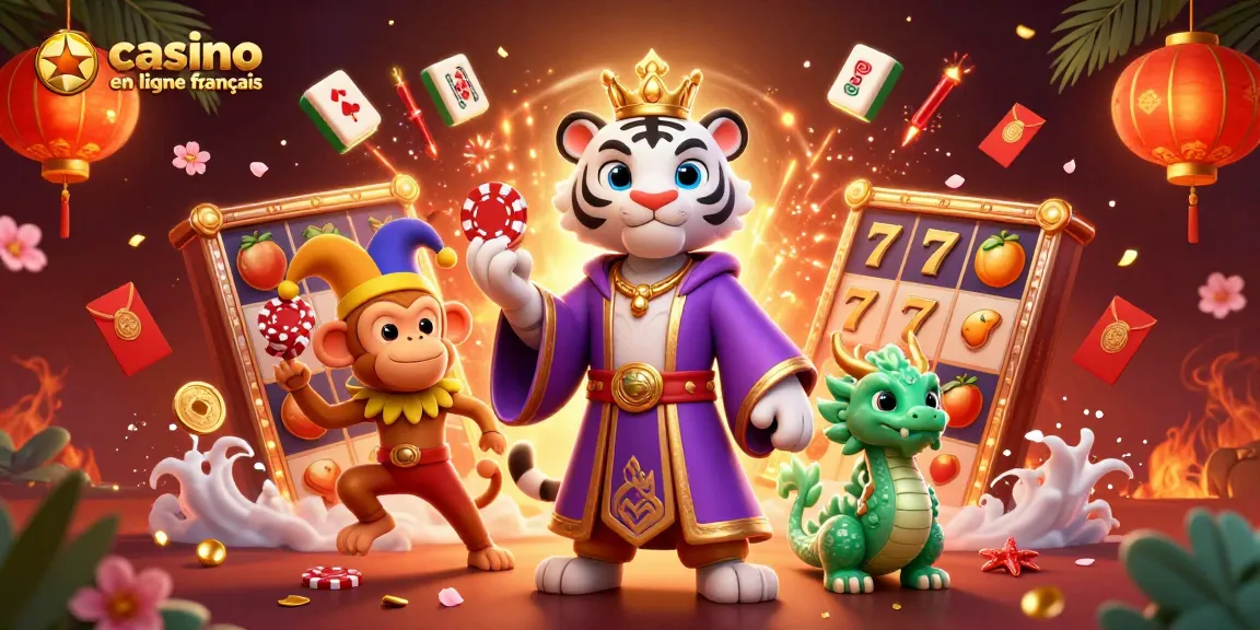 Explorez un casino en ligne français vibrant avec un tigre, un singe et des éléments de jeu.