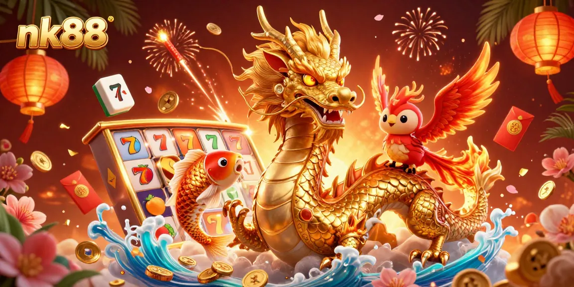 Experience thrilling jackpots at nk88 with a fierce golden dragon, phoenix, and leaping koi fish amid colorful casino elements.