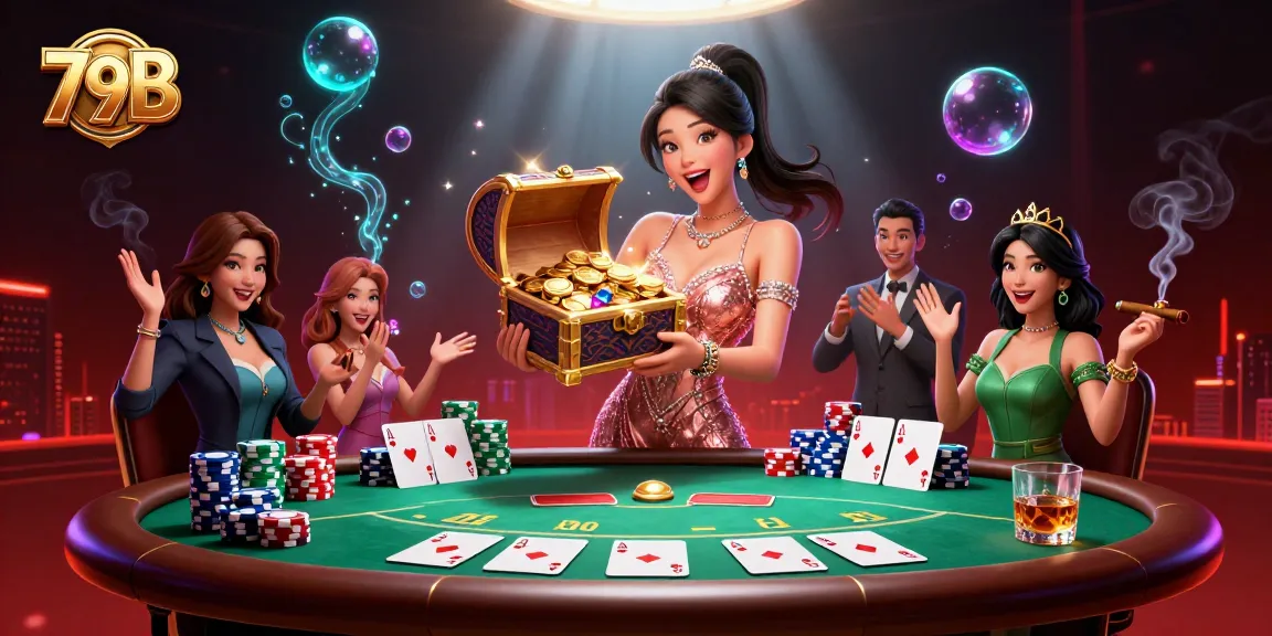 Experience the thrill of winning at 79B with a stunning treasure chest of riches and vibrant casino elements.