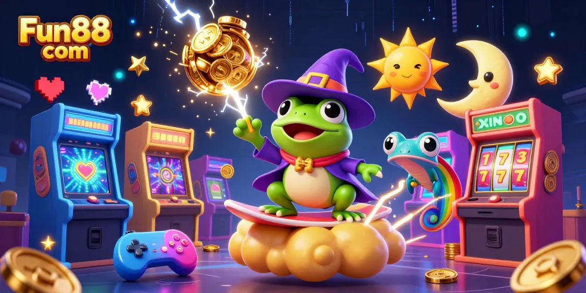 Engage with Fun88 com's vibrant gaming scene, featuring a wizard frog, chameleon, and dynamic casino elements.