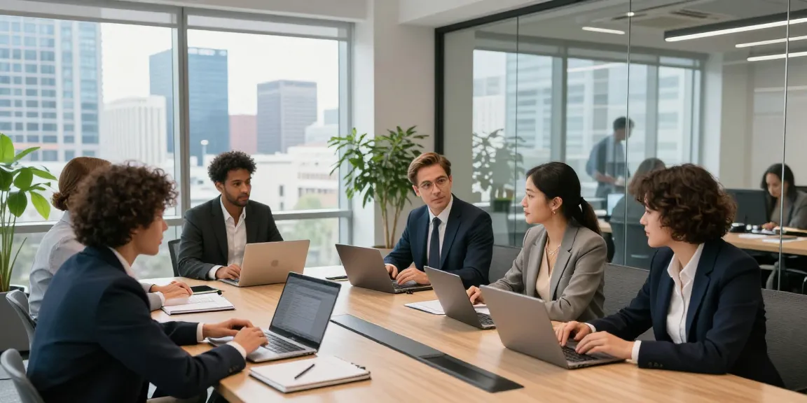 Self-employed professionals collaborating in a modern office, showcasing teamwork and innovation.