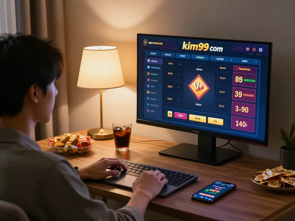 Engaged player exploring betting options on kim99 com during cozy home gaming session.