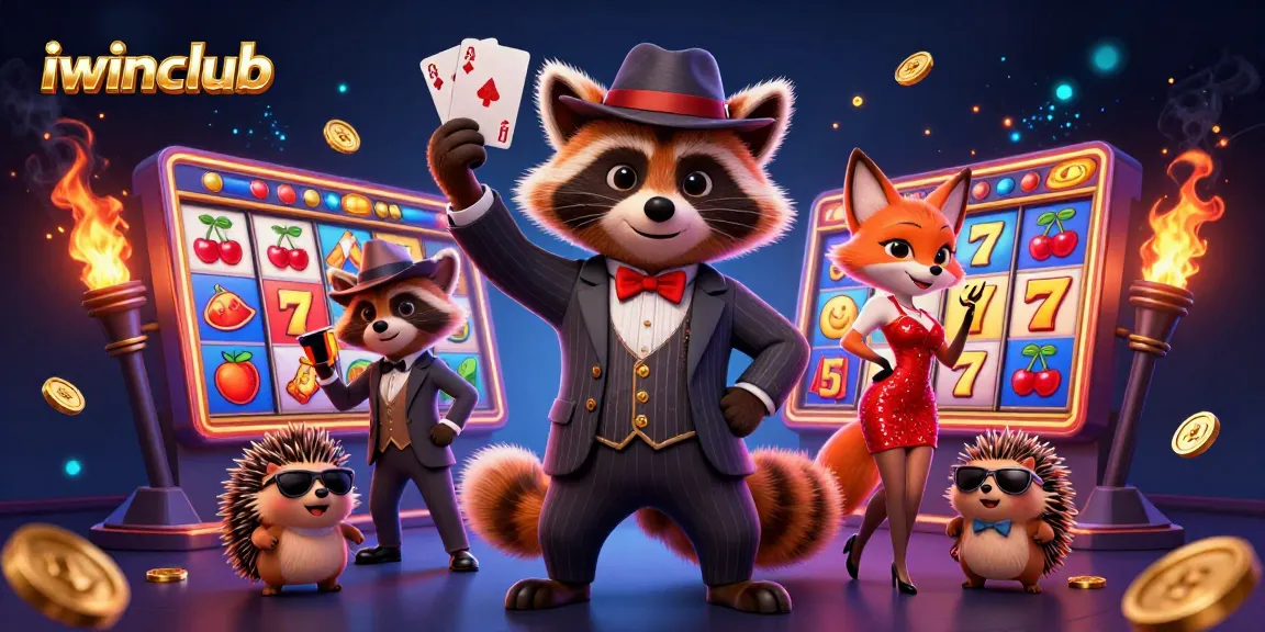 Engage with iwinclub's vibrant scene featuring a suave raccoon, glamorous fox, and a bouncer amid lively slots.