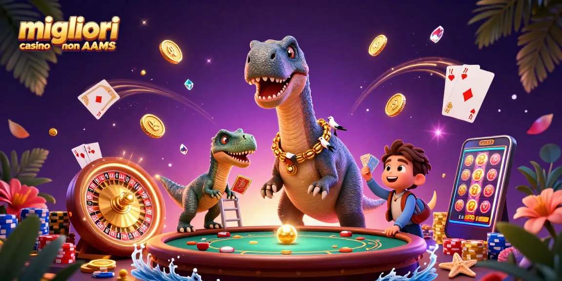 Migliori casino non AAMS: Scene giocosa con dinosauri, casinò e giochi d'azzardo.
