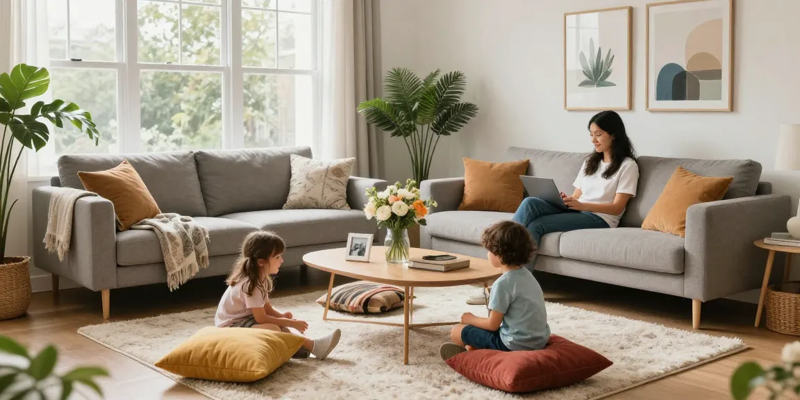 Cozy living room with family enjoying time together, showcasing depo 5k stylish furniture.
