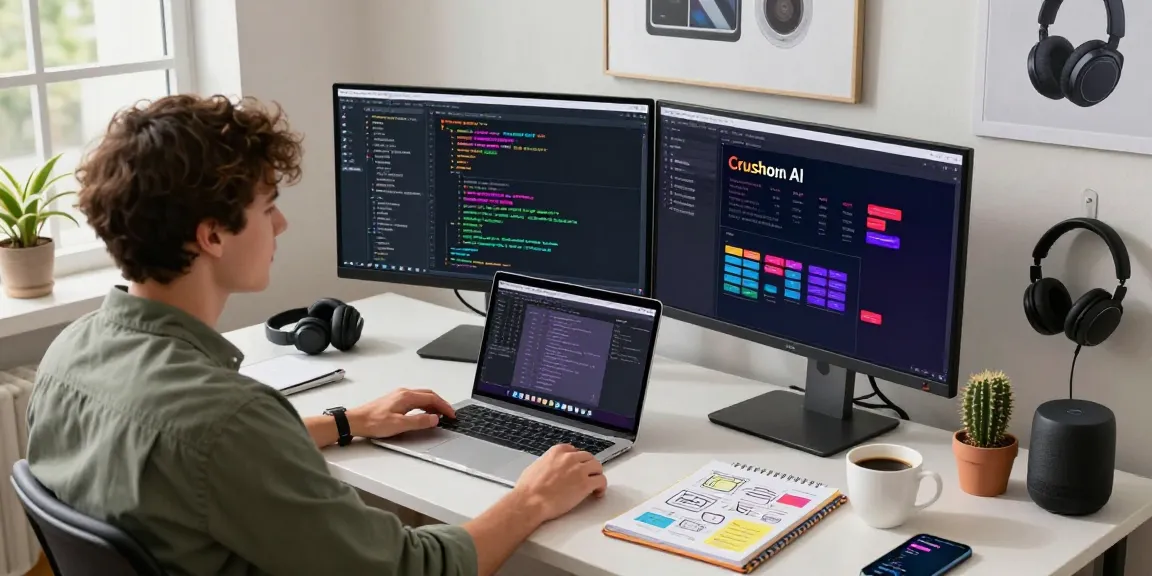 AI developer using Crushon in a vibrant tech workspace with dual monitors and creative elements.