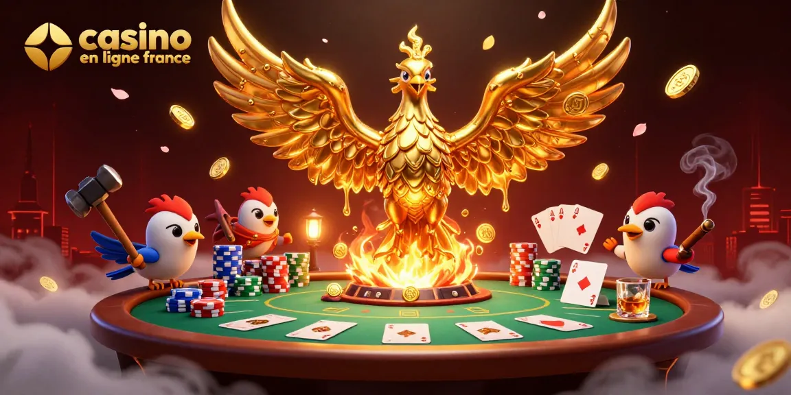 Illustration d'un phoenix en métal liquide symbolisant le casino en ligne France, entouré de jeux de poker.