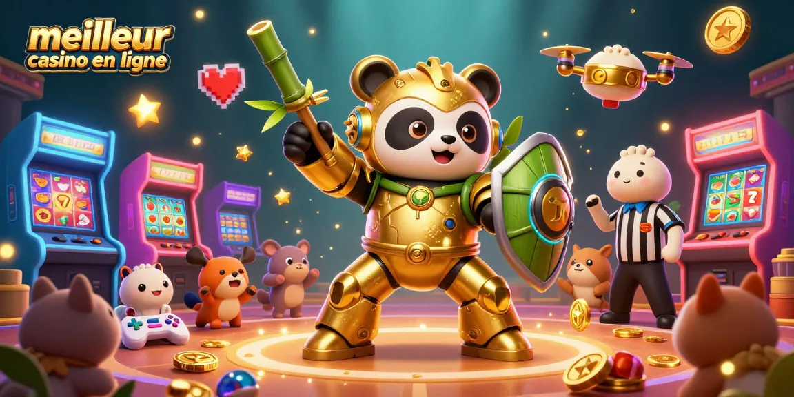 Illustration d'un panda en mech-suit pilotant un robot de combat au meilleur casino en ligne, avec éléments de jeu colorés.