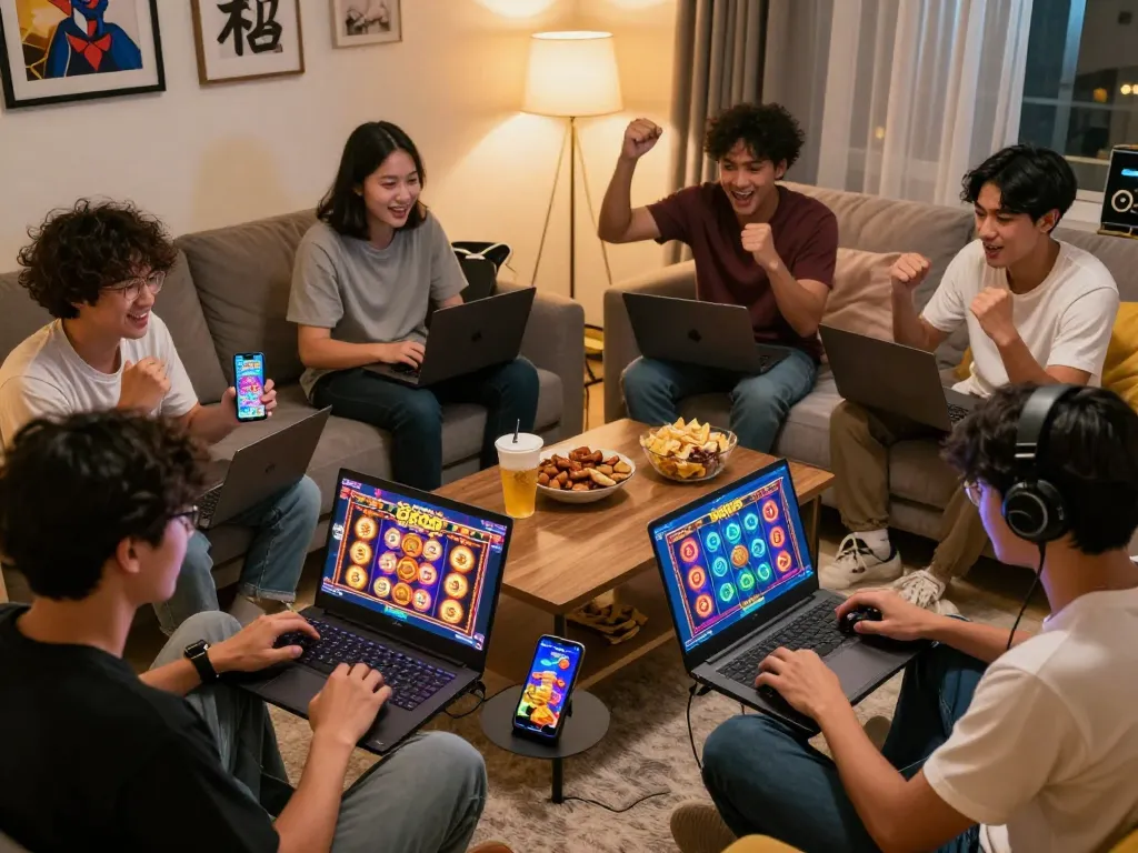 Group of friends enjoying slot gacor games on laptops and mobile devices in a cozy living room.