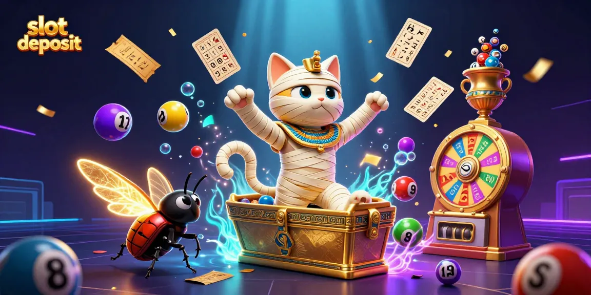 Menang slot deposit dengan karakter kucing mumi dan elemen permainan kasino yang menarik.