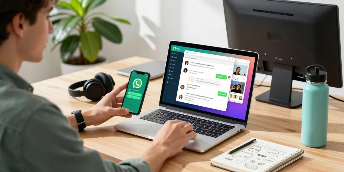 Engaging user on WhatsApp網頁版 with vibrant office elements and tech accessories, fostering collaboration.