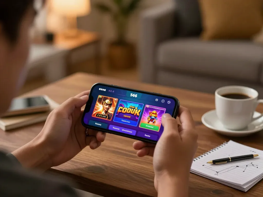 Engaging in mobile gaming with tải app 566 in a cozy home setting.