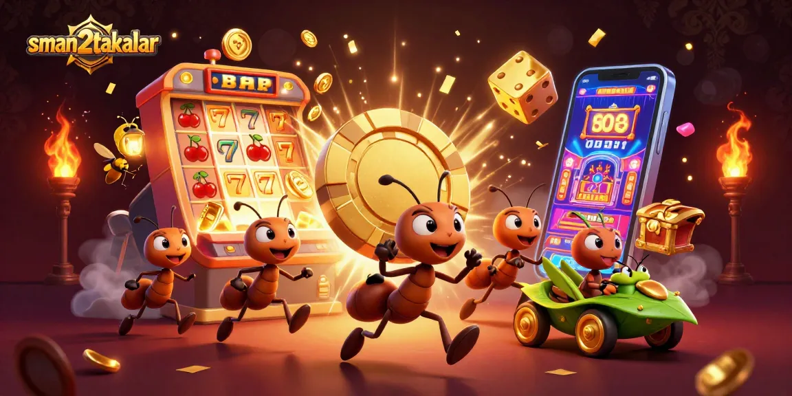 Menyaksikan aksi tim semut dalam misi membawa chip poker emas di sman2takalar, dikelilingi mesin slot dan koin berkilau.