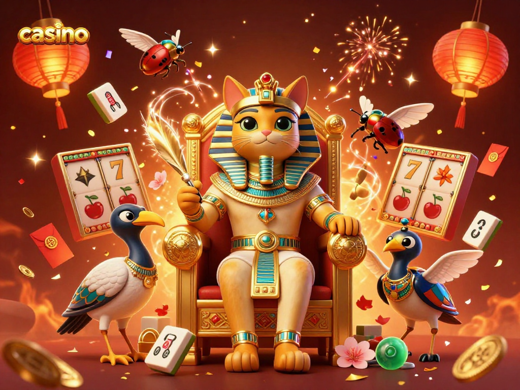 Engage with casino excitement featuring Egyptian cat, reels, and festive decor.
