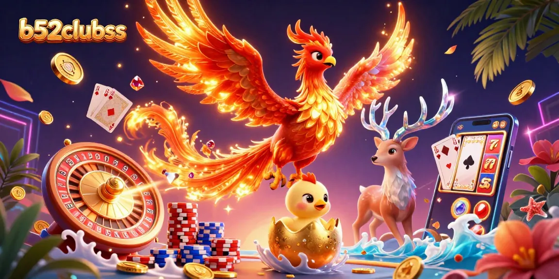 Engage with b52clubss while witnessing a fiery phoenix soar amidst a vibrant casino explosion.