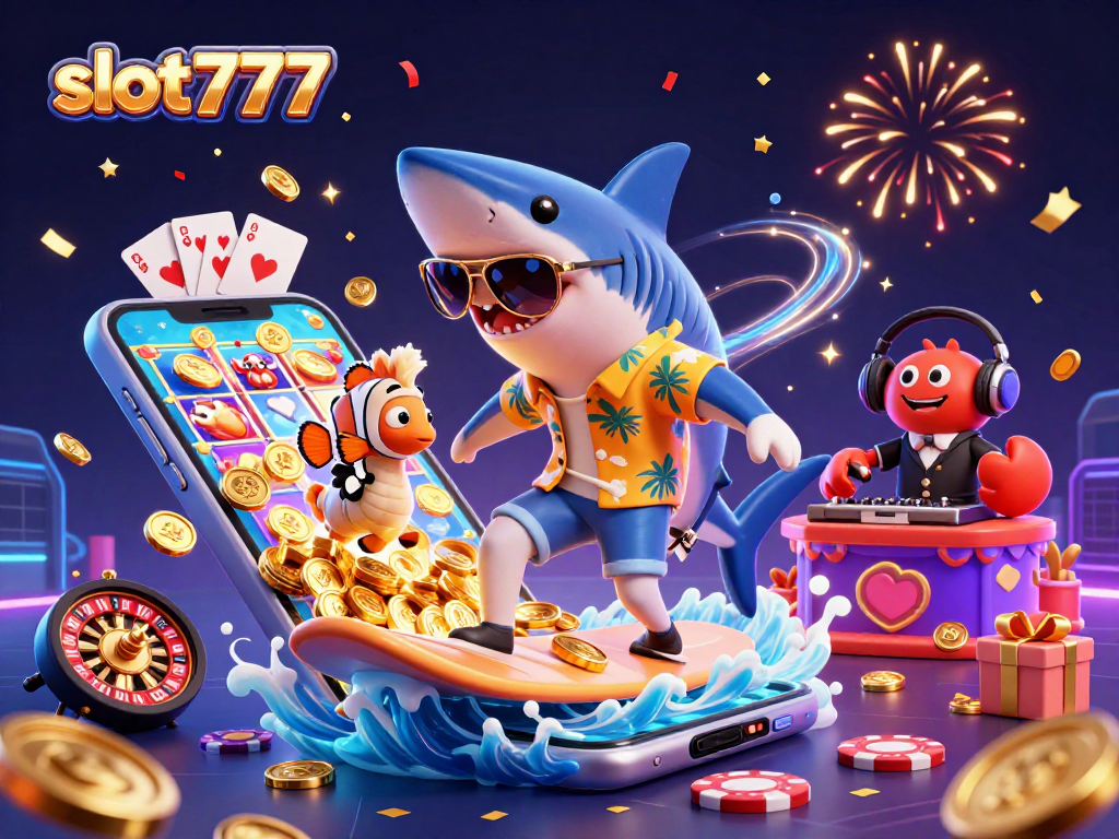 Experience slot777 excitement with a hammer-head shark surfing on golden coins amidst slot game visuals.