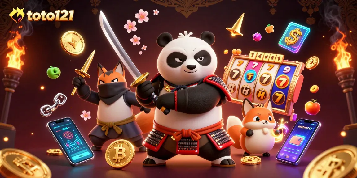 Toto121, merasakan kekuatan kasino digital dengan panda samurai dan rubah ninja, dihiasi koin cryptocurrency.
