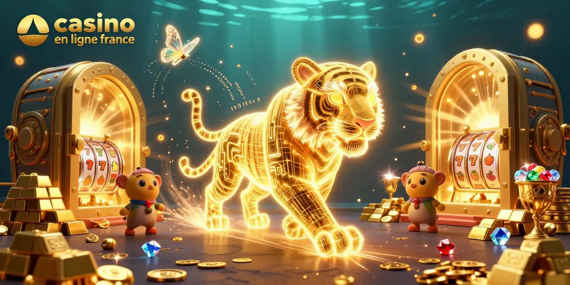 Illustration captivante de casino en ligne France avec un tigre lumineux et des trésors scintillants.