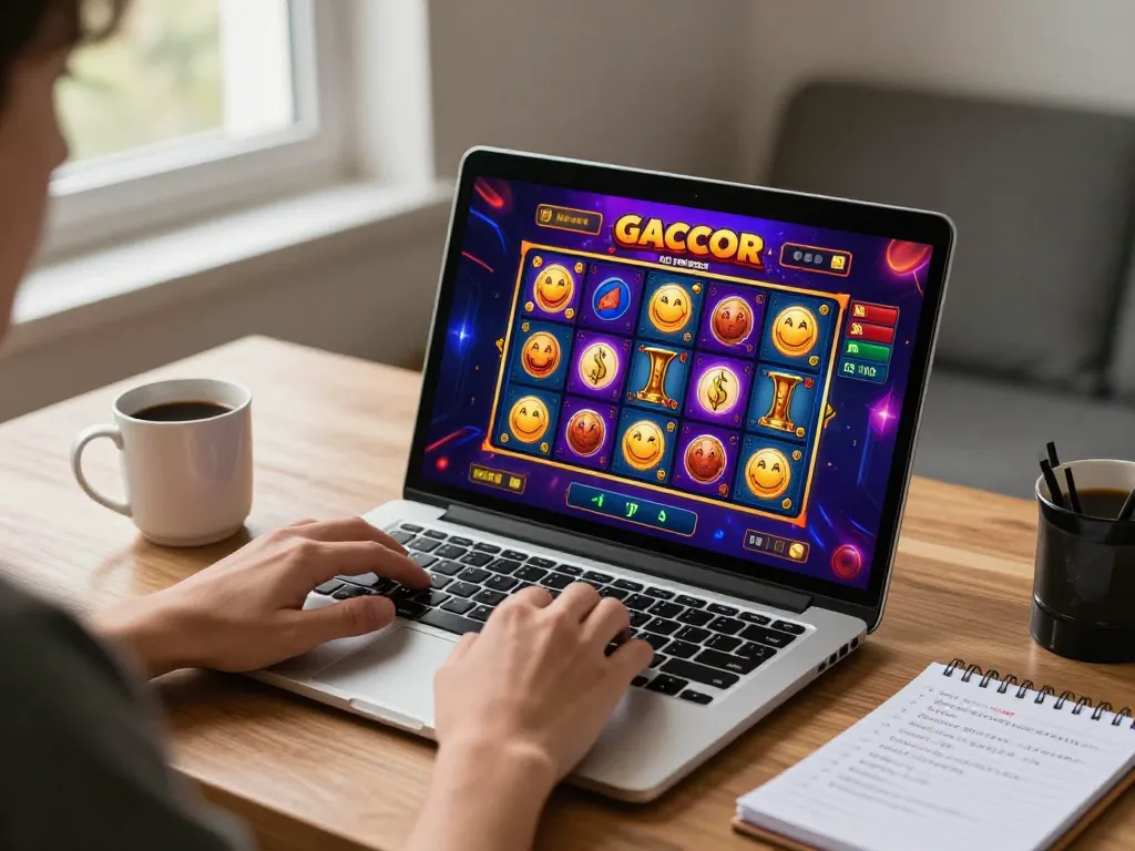 Engaging scene of a player enjoying slot gacor games online from home setup with betting strategies.