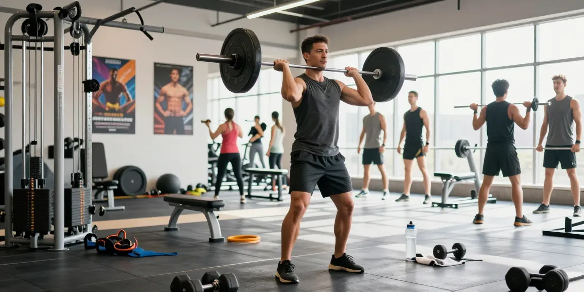 Pharmaqo Shop athlete lifting weights in a vibrant gym environment full of fitness equipment.