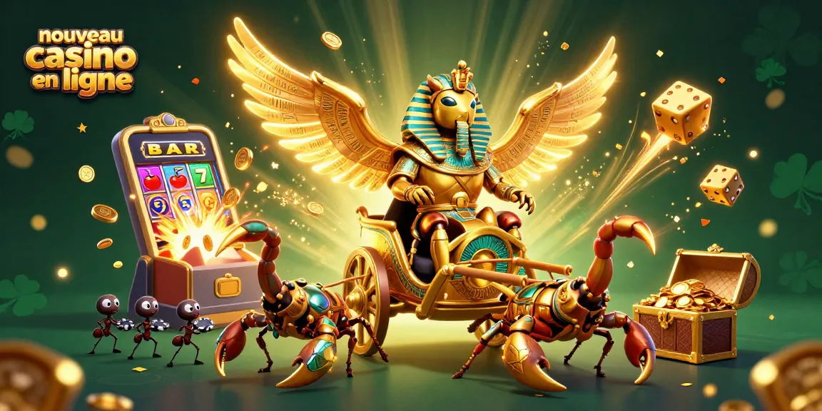 Découvrez le nouveau casino en ligne avec une illustration d'un scarabée doré dans un environnement de jeu dynamique.
