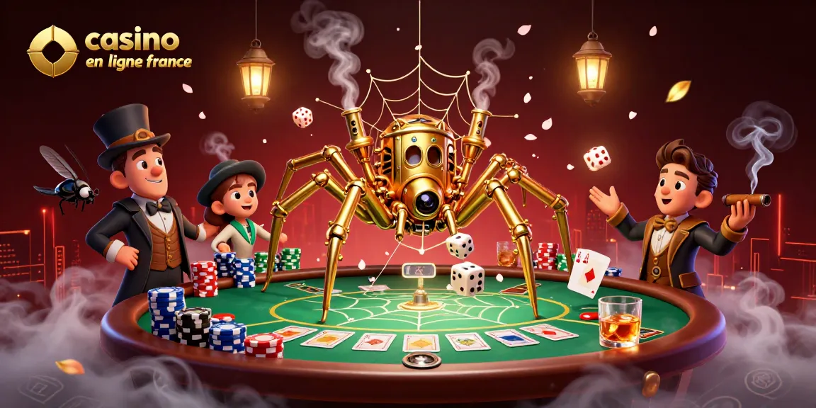 Illustration captivante d'un casino en ligne France avec une araignée steampunk et des éléments de poker, créant une atmosphère ludique.