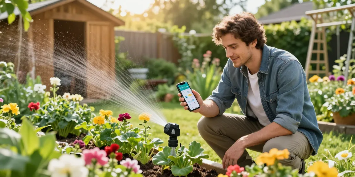 Engaged gardener utilizing rainpoint irrigation controllers to optimize watering in a lush garden.
