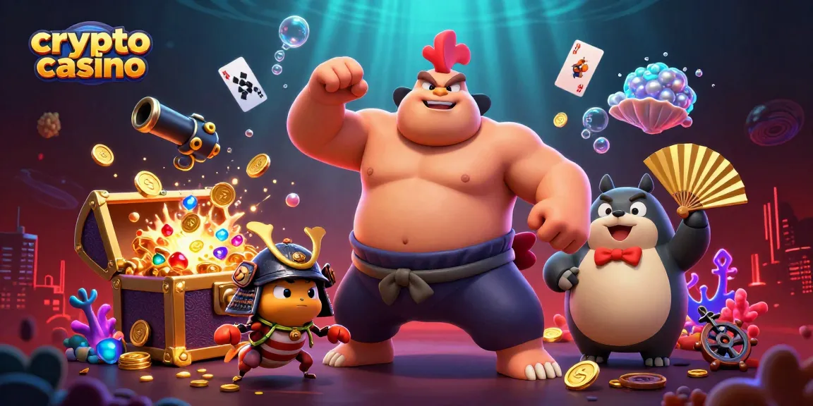 Illustration dynamique d'un crypto casino avec des personnages animés, un coq sumo et un cricket samouraï.