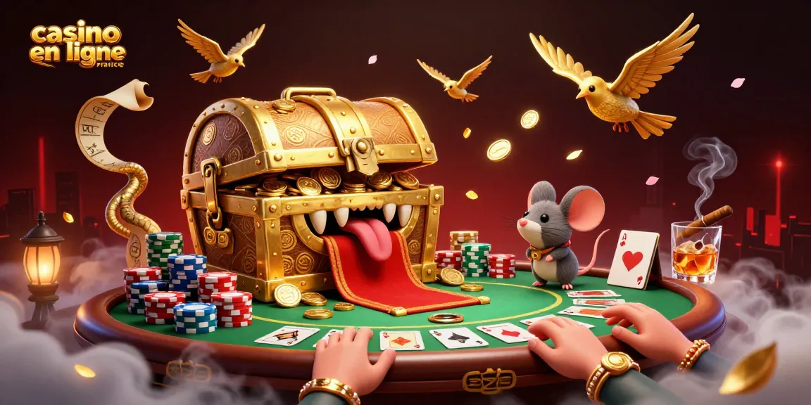 Jouer au casino en ligne France avec un coffre au trésor animé attirant des souris aventurières.