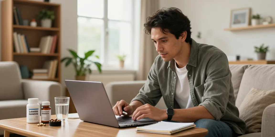 Man researching Levitra in a cozy living room, focused on improving sexual health.