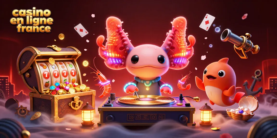 Jouez au casino en ligne France avec le DJ axolotl vibrant et des symboles de machines à sous colorées.
