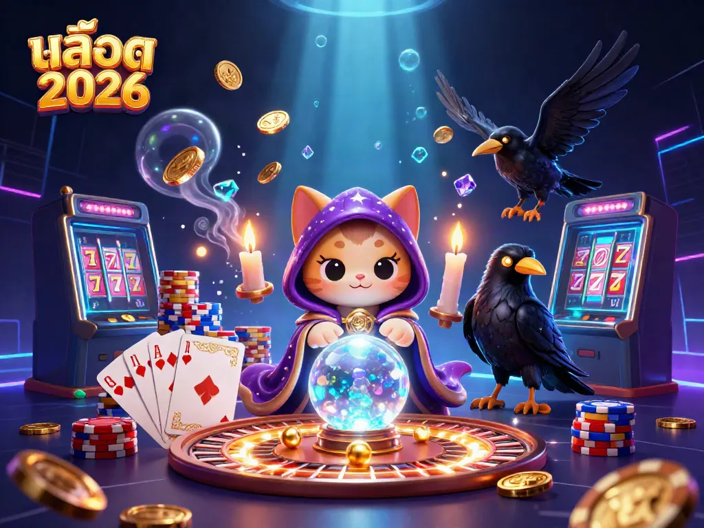 Experience สล็อต 2026 with a vibrant 3D illustration of a fortune teller cat and a glowing raven.